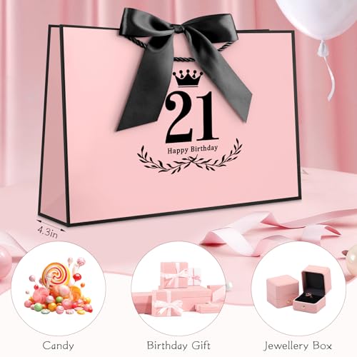 Image of JMANNI 21st Birthday Gift Bag, Pink with Black Satin Bow & Crown Design, Large Happy 21st Birthday Present Bag for Party Favors, Size 14.17 inchx9.84 inchx4.33 inch