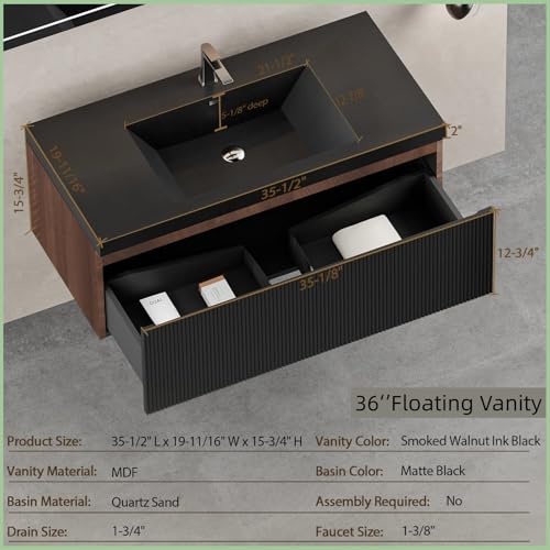 Image of Wall Mounted Bathroom Sink Vanity, Modern 36 inch Floating Vanity with Resin Top Basin Sink and U-Shaped Soft-Close Storage Drawer, Striped Bathroom Storage Cabinet with Invisible Handle, Black