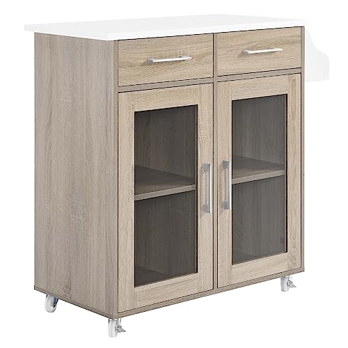 Modway Cuisine Rolling Kitchen Cart with Storage in Oak White - Portable Island for Kitchen with Spice Rack, Perfect as a Coffee Bar Cabinet, Butcher Block Island or Kitchen Island on Wheels
