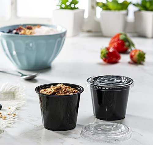 Image of (5 oz - 100 Sets) Black Diposable Plastic Portion Cups With Lids, Small Mini Containers For Portion Controll, Jello Shots, Meal Prep, Sauce Cups, Slime, Condiments, Medicine, Disposable Souffle Cups