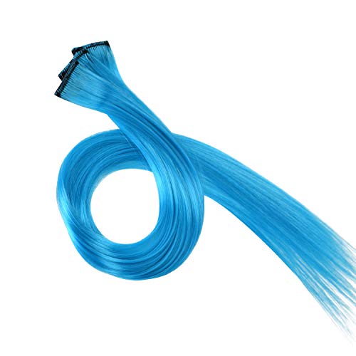 Hawkko 12PCS Straight Colored Clip in Hair Extensions Party Highlight Multiple Colors Hairpieces (12pcs-Sky Blue)