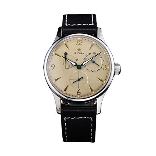 Automatic Mechanical Mens Watch Seagull 1963 Movement Watches Men Waterproof Sapphire Wrist Watch Man Power Reserve Calendar Date Luminous (Beige)