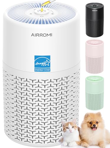 AIRROMI Pets Air Purifier for Home Allergies,Up to 660 ft2.Yellow Deodorizing Activated Carbon Filter,With Fragrance Sponge for Better Sleep,Night Light,Pet Dander,Smoke,Odors,Air Cleaner A2002 White