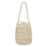  Bolsas de paja para mujer, bolso de playa para mujer, bolsa de paja para hombro, portátil, con cordón, para verano, playa, tejida, hecha a mano, con bufanda de seda, White