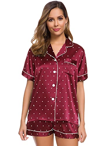 Image of SWOMOG Womens Pajamas Set Silk Satin Sleepwear Short Sleeve Nightwear Button Down Pj Lounge