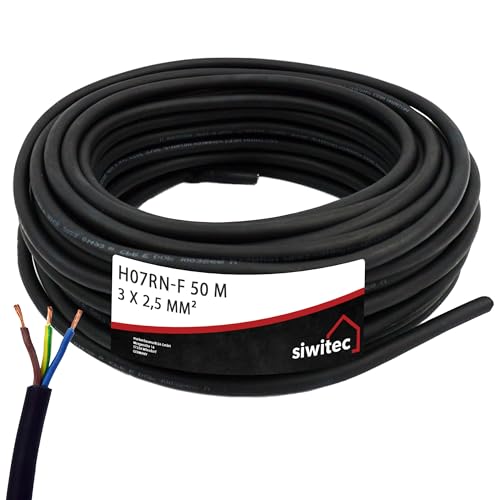 siwitec Gummischlauchleitung H07RN-F 3G2,5, 3x2,5 mm², 50 m, Schwarz, 450/750 V, Stromkabel, Elektrokabel, Gummikabel - Made in Germany