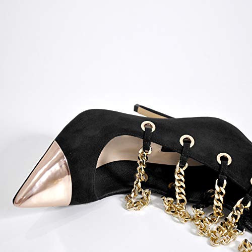 Onlymaker Women's Hollow Out Gold Metal Chain Slim Heels Over The Knee High Boots For Fashionistas Black Big Size 13 #TOP2