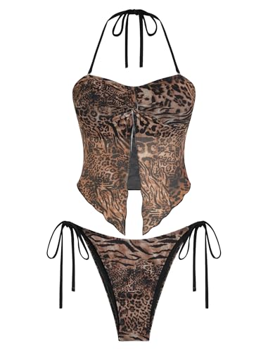 ZAFUL Floral Twist Bikini Set for Women Halter Tankini Tie Side String Swimsuit Two Piece Bathing Suit