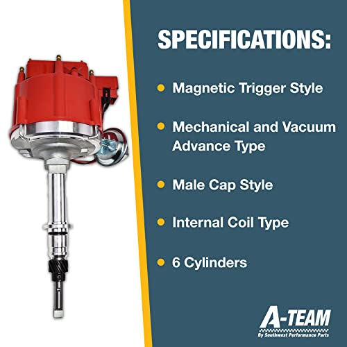 A-Team Performance - Complete Hei Distributor 65K Coil 7500 Rpm - Compatible With Chevrolet Chevy Gm Gmc Truck Late Model Inline 6 Cylinder 230 250 292 One Wire Installation Red Cap #TOP5