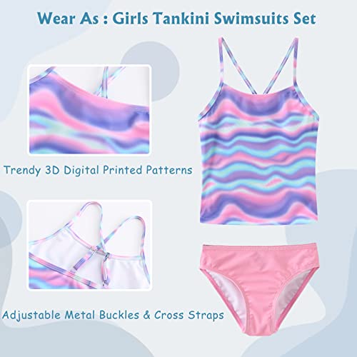 Image of Girls 3 Piece Swimsuits Set Long Sleeve Rash Guard Tankini Bathing Suits for Girls Beach Swimwear Set 3-16 Years