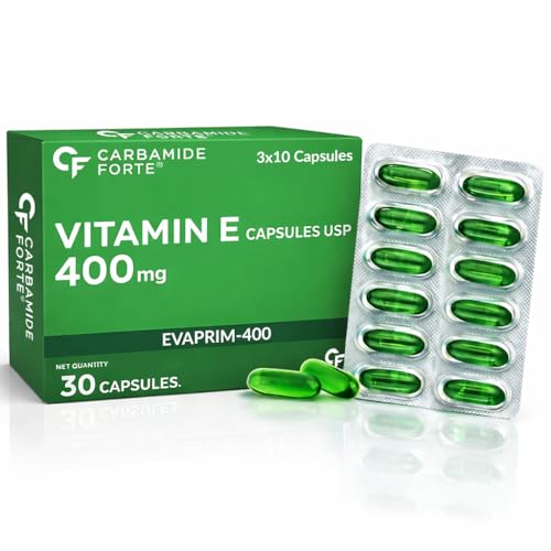 Image of Carbamide Forte 400 mg Vitamin E Capsules for Face and Hair | 100% Natural Vitamin E Supplement with VitaminE Oil | Paraben Free - 30 Capsules
