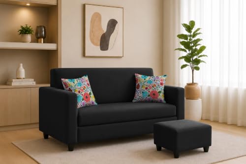 Image of Rosebell 2 Seater Sofa with Ottoman | Living Room Couch | with Printed Cushions | Sofa for Home, Apartment & Office-Black Color