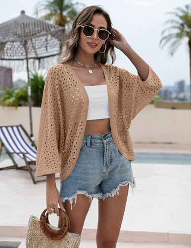 Image of Zeagoo Womens Summer Crochet Cardigan Sweaters Lightweight Open Front 3 /4 Sleeve Batwing Kimono Boho Knit Cover Ups 2026
