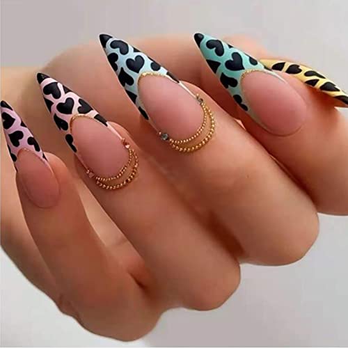 Ezpieces Fake Nails with Glue, Matte Cheetah Press on Nails Long Stiletto Nails, Almond French Nails Oval Acrylic Nails Artificial French Tip for Women/Daily/Party, 24PCS/Set(Gone Wild)