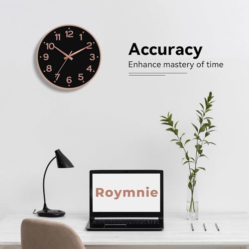 Image of Roymnie Wall Clock 12 Inch Silent Wall Clocks Battery Operated-Modern Non Ticking Analog Clock Decorative for Kitchen Bedroom Office (Black Rose Gold)