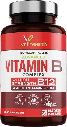 Vegan Vitamin B Complex Advanced - All 8 High Strength B Vitamins & Added Vitamin C, D3 & K2 Mk7, Vitamins B1, B2, B3, B5, B6, B12, Biotin & Folic Acid - 180 Tablets - Made in The UK by YrHealth
