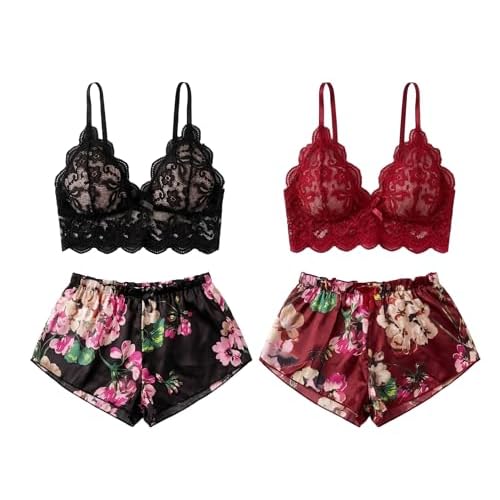 Women's 2 Piece Lingerie Set: Sexy Floral Satin Pajamas & Scalloped Lace Bralette Sleepwear Medium Mystic Black+burgundy Wine