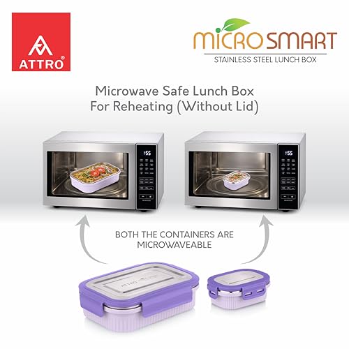 Image of ATTRO Micro Smart Stainless Steel Lunch Box with Inner Steel Body, Microwave Safe Without Lid, Airtight Leakproof with Small Container for Office, School Kids & Outdoor Use - 800ml+180ml-Purple