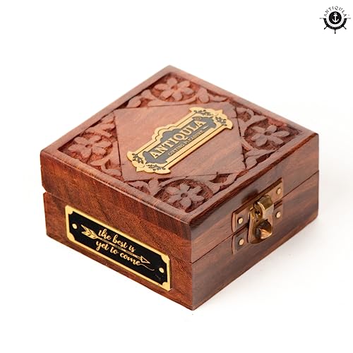 Brújula vintage en caja de madera artesanal miniatura 2