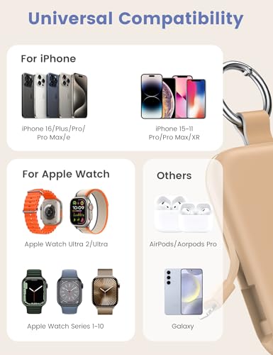 Image of RORRY CharmGo Portable Charger, 5000mAh Portable Charger Power Bank with Built-in Cables, Travel Keychain Battery Pack for Apple Watch and iPhone Air /17 /16 /15 /14 /13 /12, Honey Beige