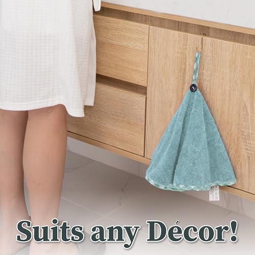 myHomeBody Hand Towels with Hanging Loops, Absorbent Charcoal Fiber Cleaning Clothes with Coconut Shell Button for Kitchen, Round Shape, Set of 2, Pine Green