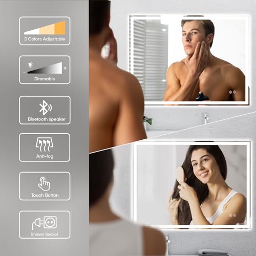 Dripex Bluetooth LED Bathroom Mirror with Shaver Socket, 600 * 800 MM Dimmable 3 Colors Illuminated Backlit Wall Mounted Bathroom Mirrors Anti-fog Vanity Mirror, Horizontal/Vertical - Image 3