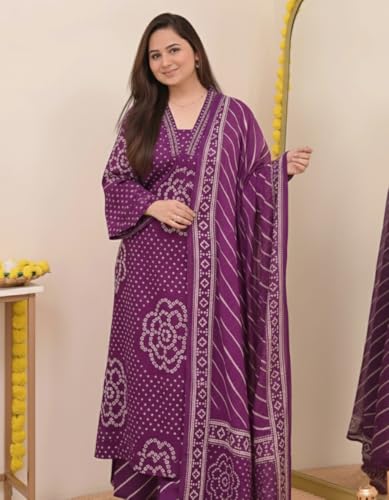 Image of Klosia Women Pure Cotton Kurta Pant Set with Dupatta | Bandhani Print Kurta Sets for Women | Comfortable Suit Sets|Regular Fit