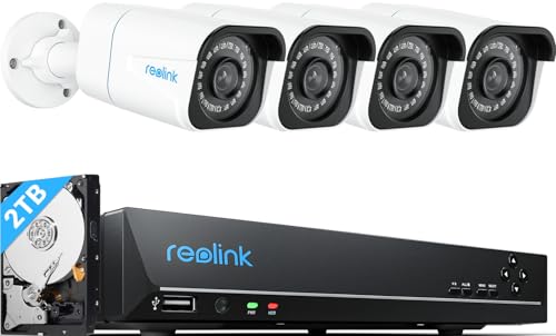 Reolink 4K PoE Security CCTV Camera System H.265, 4pcs 8MP IP Cameras with Person/Vehicle Detection and 8CH NVR with 2TB HDD for 24/7 Recording Night Vision Audio, RLK8-800B4