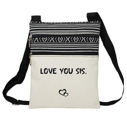 Love You Sis Messenger Bag Small Ethnic Pattern Printed Adjustable Strap Crossbody Zipper Bag Phone Bag Wallet Cute Shoulder Handbag for Women Sisters