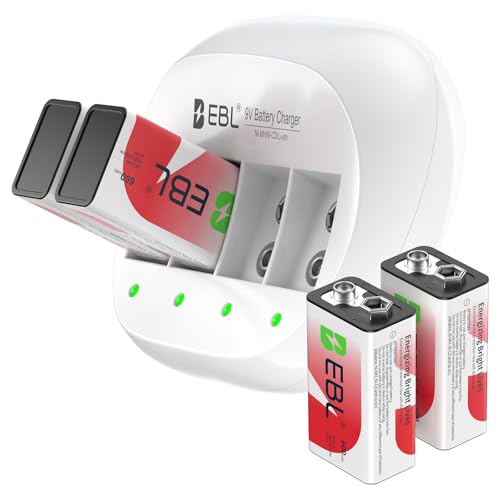 EBL 4 Bay 9V Lithium ion Battery Charger with 600mAh 9V Li-ion Rechargeable Batteries 4 Packs