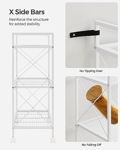 Image of SONGMICS 3-Tier Metal Storage Rack with Wheels, Mesh Shelving Unit with X Side Frames, 23.6-Inch Width, for Entryway, Kitchen, Living Room, Bathroom, Industrial Style, White UBSC163W01