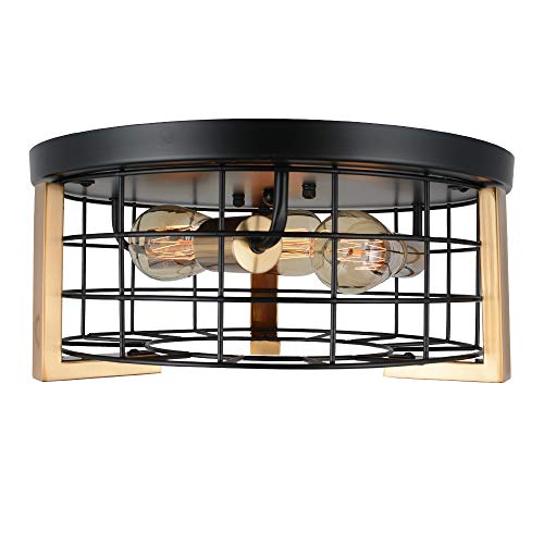 Bizinlumin Round Black and Gold Metal Cage Ceiling Light, Modern Luxury Flush Mount Light Fixture Industrial Foyer Bedroom Close to Ceiling Light 3-Light E26 Edison BY19007G