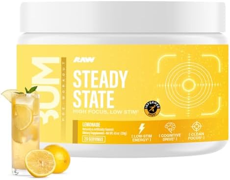 RAW Steady State Low Stim Nootropic Pre Workout Powder for Men & Women - Low Stimulant Neuopathy Supplement for Energy & Focus - No Jitters or Tingles - Natural Extended Release Caffeine - 20 Servings