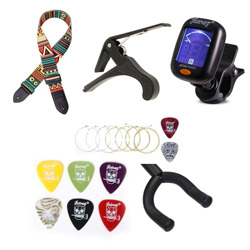 Image of Juarez Ultimate Guitar Combo Kit - JRZ250 Capo, JRT500 Tuner, JAGSP300 Strings + Picks, JAP60 Pick Set (6), 2 JRZ100 Wall Mount Hangers - Complete Acoustic & Electric Guitar Set