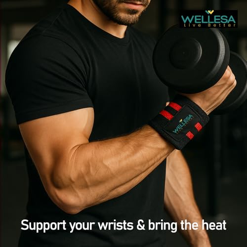 Image of Wellesa Wrist Support for Gym Workout | Wrist Band for Pain Relief & Weight Lifting | Wrist Wrap for Men & Women | Wrist Brace | Gym Accessories | One Size (Red 2 Line)