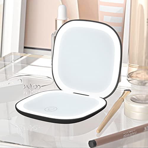 Yuearn Compact Mirror With Light, 2-Sided Lighted Compact Travel Makeup Mirror With 5X Magnification & Dimmable Brightness, 3 Lighting Modes Pocket Mirror With Type-C Rechargeable (5X Black) #TOP6