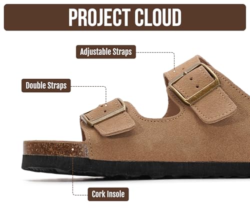 Image of Project Cloud 100% Genuine Leather Flat Sandals For Women 2026 Cork Footbed Womens Sandals with Memory Foam and arch support Vacation Essentials Slides for Women Footwear (Venita)