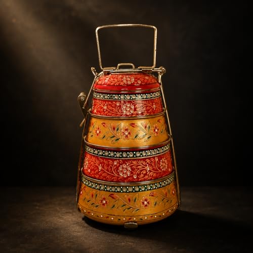Image of iHandikart Handpainted Decorative Lunch Box Tiffin | Multiple Tier Stainless Steel Food Box | Designer Indian Print Tiffin for School | Diwali Gift, Navratri Gift (Color - Multicolor)