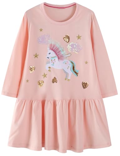 FreeLu Girls Christmas Dresses Longsleeve Cartoon Dress Striped Casual Cotton T-Shirt