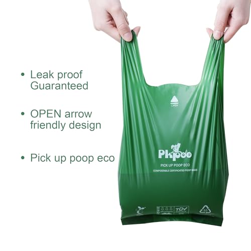 Image of Pkpoo 100% Compostable Dog Poop Bags with Handles, Extra Wide, Vegetable-Based Large Poop Bags for Dogs, Biodegradable Waste Bags for Poo, Cat Litter, Diaper Sacks, Unscented, 180 Counts