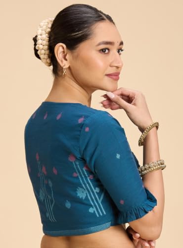 Image of Studio Shringaar Women's Handloom Cotton Jamdani Border Readymade Saree Blouse