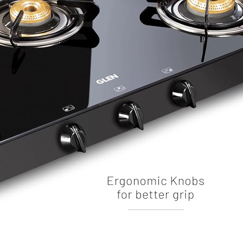 Image of Glen Gas Stove Glass Top LPG Gas Stoves 3 Burner | High Flame Forged Brass Burners | Auto Ignition | Black Toughened Glass | 2-Year Warranty (1038GTBBBLAI)