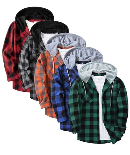 5 Pack Hooded Flannel Shirts for Men Casual Long Sleeve Plaid Hoodie