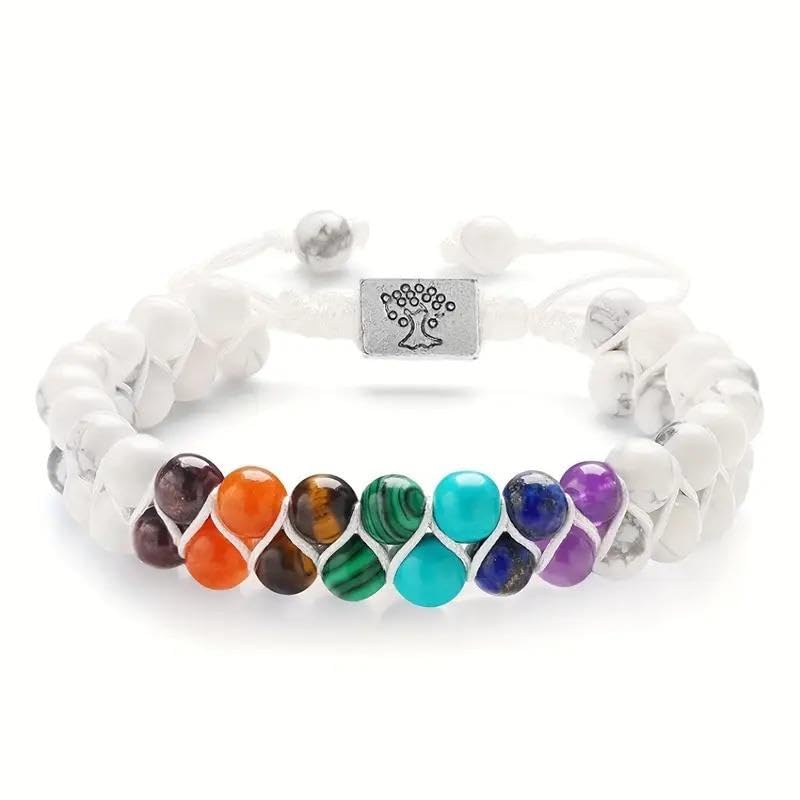 7 Çakra Doğal Taş Bileklik – Howlite Beyaz – Ayarlanabilir Makrome Unisex Enerji Bilekliği