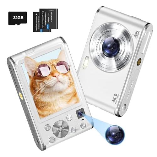 Digital Camera,4K Autofocus Compact Camera with 32G SD Card and Dual Camera,HD 48MP with 2.8″ Large Screen, 16X Digital Zoom Kids Digital Camera with 2 Batteries,Vlogging Camera for Beginners (White)