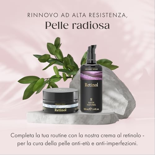 Retinolo Viso con Acido Ialuronico Viso e Niacinamide 100ml, Siero Viso Antirughe con Aloe Vera Bio per Pelli Sensibili, Siero Retinolo Viso - Retinol Serum - Siero Antirughe Viso Donna Satin Naturel - 12