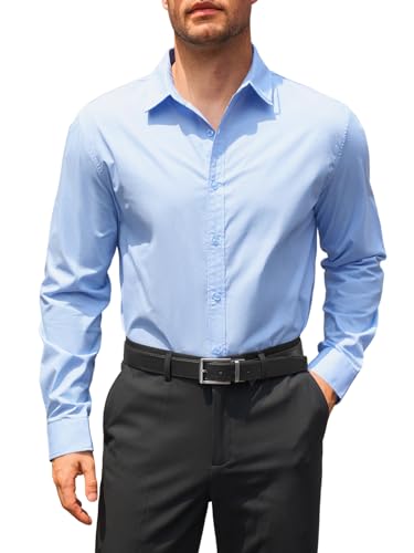 Runcati Chemise à manches longues pour homme - Coupe droite - En coton - Couleur unie - Infroissable - Boutonnée, bleu clair, M