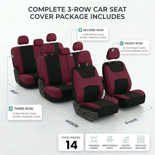 Image of FH Group Universal Automotive Seat Covers 8 Seater Set | Light & Breezy Flat Cloth Washable Car Seat Cover for SUV, Sedan, Truck | Airbag Compatible Interior Upgrade - Burgundy /Black