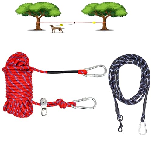 Coloch Cable de amarre para perros para camping, sistema reflectante de 50 pies con cable de corredor de perros de 10 pies, correas portátiles para perros de hasta 300 libras, para patio, parque,