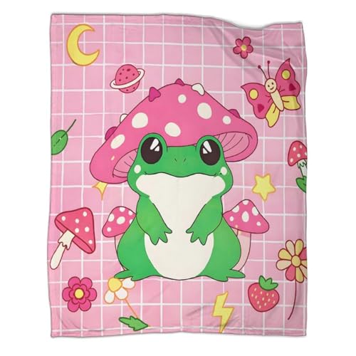 Ultraweiche 3D-Druck Kawaii Grüner Frosch Couchdecke, Atmungsaktive Mikrofaser Pilzhut Tagesdecke 40x50inch(100x130cm), Warme Premium Wohndecke Für Erwachsene Jugend
